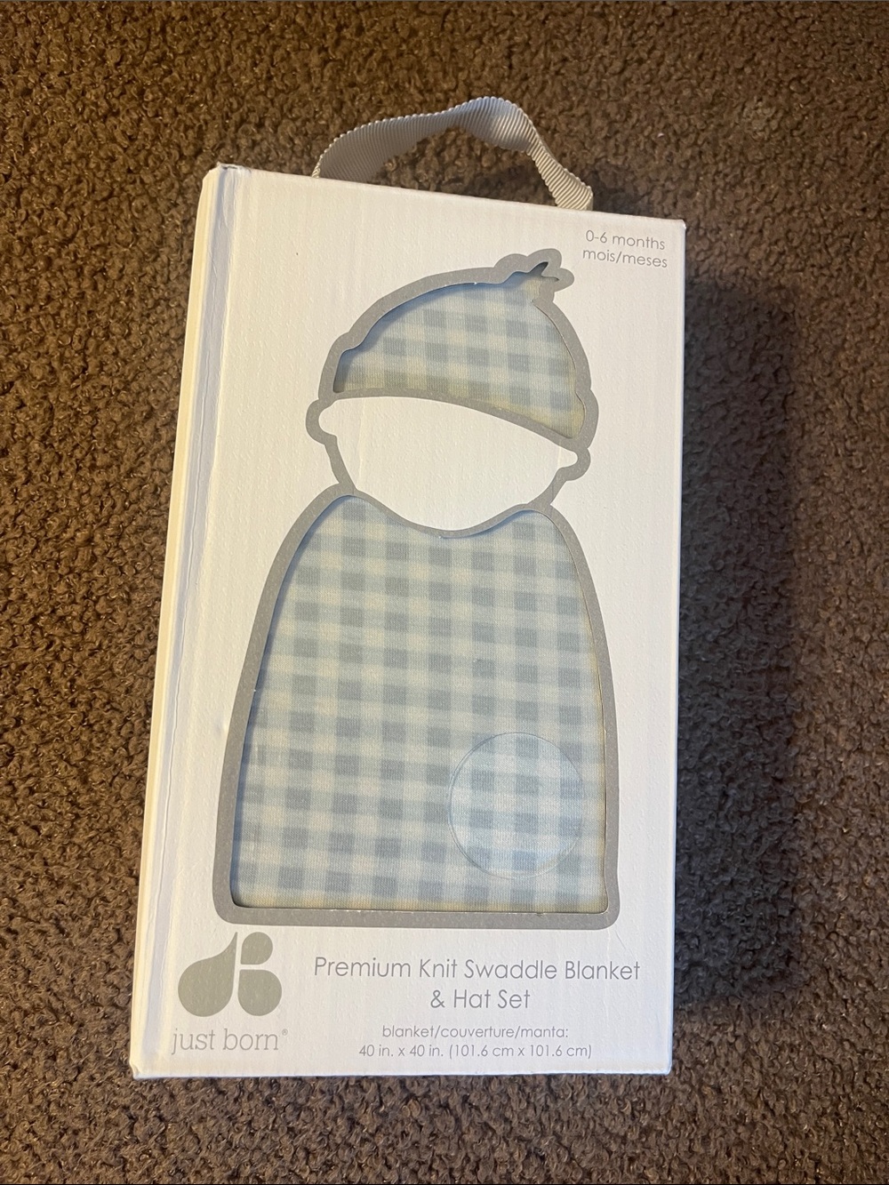 Just Born Blue Gingham Premium Knit Swaddle Blanket & Hat Set